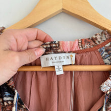 Load image into Gallery viewer, Hayden Paisley Patch Print Ruffle Neck Chiffon Tiered Mini Dress Brown S
