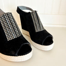 Load image into Gallery viewer, Gina Suede Crystal Embellished Platform Wedge Sandals Black 39
