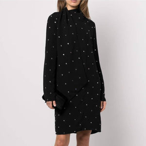 NWT ST. JOHN Collection Rhinestone Silk Dress with Drape Scarf Black 10