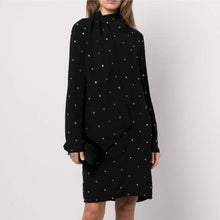 Load image into Gallery viewer, NWT ST. JOHN Collection Rhinestone Silk Dress with Drape Scarf Black 10
