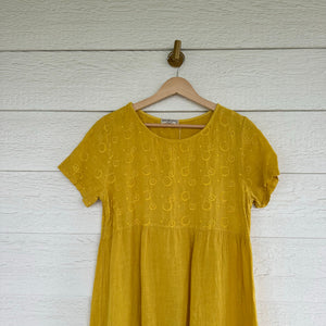 Terzo Millennio Linen Embroidered Short Sleeve Shift Mini Dress Yellow S