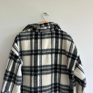 Steve Madden Plaid Mid-Length Button Front Shirt Jacket Ivory/Black S