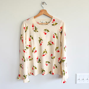 Joie Varden Cashmere Cherry Pattern Crew Neck Pullover Sweater Porcelain M NWT