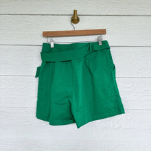 Load image into Gallery viewer, Verdusa High Rise Belted Pleated Paper Bag Shorts Green L NWT
