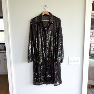 Elie Tahari Sequin Semi-Sheer Button Front Shirt Dress Black L NWT