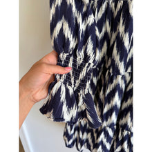 Load image into Gallery viewer, Pomander Place Kenzo Ikat Pattern V-Neck Ruffles Sleeve Mini Dress Blue XS
