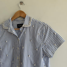 Load image into Gallery viewer, J. Crew Pearl Embellished Short Sleeve Striped Cropped Blouse Blue White 0
