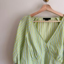 Load image into Gallery viewer, Sanctuary V-Neck Striped Puff 3/4 Sleeve Poplin Blouse Green L
