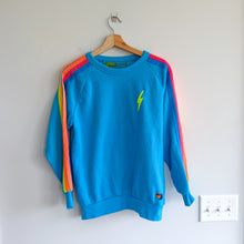 Load image into Gallery viewer, Aviator Nation Lightning Bolt Rainbow Stripe Sleeve Pullover Sweatshirt Blue S
