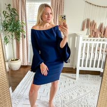 Load image into Gallery viewer, Bardot Solange Off Shoulder Fluted Bell Sleeve Dress Navy Blue
