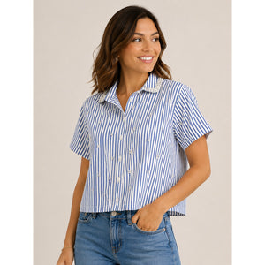 J. Crew Pearl Embellished Short Sleeve Striped Cropped Blouse Blue White 0