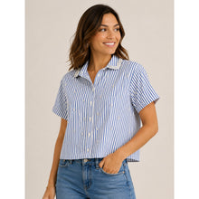 Load image into Gallery viewer, J. Crew Pearl Embellished Short Sleeve Striped Cropped Blouse Blue White 0
