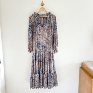 Free People Feeling Groovy Tiered Bell Sleeve Floral Casual Maxi Dress Blue S