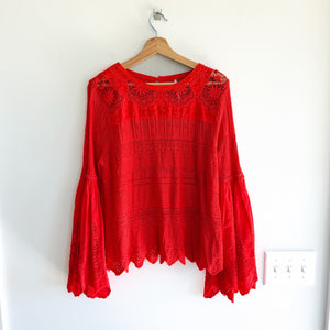 Free People Once Upon A Time Lace Bell Sleeve Blouse Red M