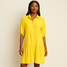 Load image into Gallery viewer, Lola &amp; Sophie Button Front Tiered Short Sleeve Shirt Dress Yellow L
