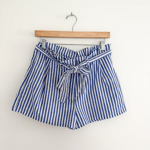 Love Tree Stripe Paperbag Casual Shorts with Tie Belt Blue White S