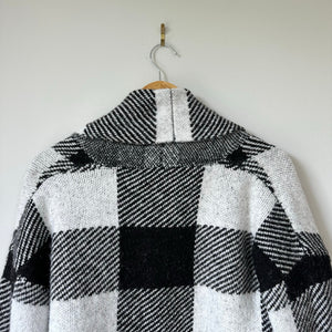 RD Style Buffalo Plaid Open Front Cardigan Sweater Black/White M
