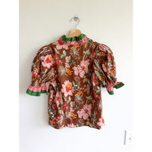 Load image into Gallery viewer, Entro Floral Ruffle Neck Puff Sleeve Blouse Brown Green Multi S
