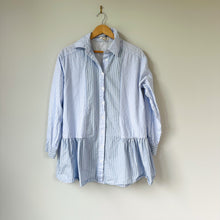 Load image into Gallery viewer, Lalavon Striped Long Sleeve Button Front Mini Shirt Dress Blue L
