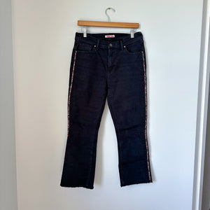 JOHNNY WAS Cropped Baby Boot Embroidered Stripe Raw Hem Jeans Black 29