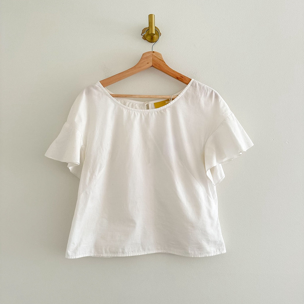 Anthropologie Maeve Ruffled Sleeve Poplin Round Neck Blouse White 10