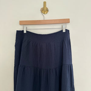 NWT Chico's Cross Dye Plaid Smocked Waist Tiered Midi Skirt Blue 12