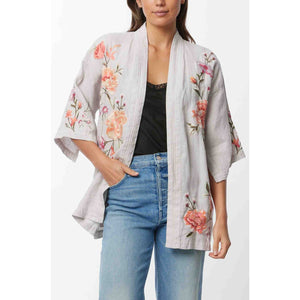 Johnny Was Vienna Linen Embroidered Floral 3/4 Sleeve Kimono Gray M