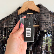 Load image into Gallery viewer, Elie Tahari Sequin Semi-Sheer Button Front Shirt Dress Black L NWT
