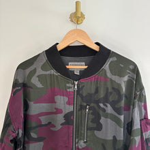 Load image into Gallery viewer, Anthropologie Marrakech Satin Camo Print Zip Up Bomber Jacket Purple/Black L
