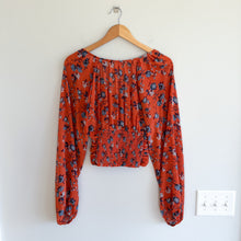 Load image into Gallery viewer, Free People Final Rose Print V-Neck Ruched Smocked Cropped Blouse Orange XS
