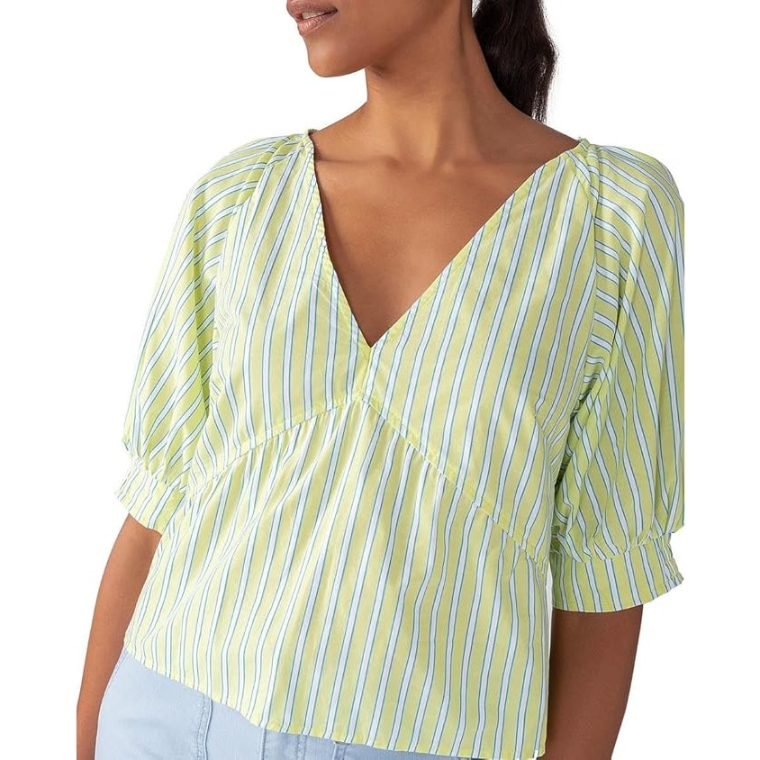Sanctuary V-Neck Striped Puff 3/4 Sleeve Poplin Blouse Green L