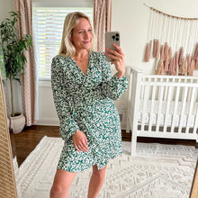 Load image into Gallery viewer, DVF West Silk Leafy Print Long Sleeve Wrap Dress Green S
