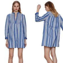 Load image into Gallery viewer, Zara Chambray Embroidered V-Neck Long Sleeve Mini Dress Blue/White M
