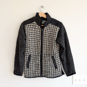 Vintage Laundromat 100% Wool Houndstooth Full Zip Sweater Jacket Black Grey M