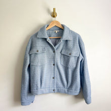 Load image into Gallery viewer, Mystree Fuzzy Soft Button Front Herringbone Shacket Blue S
