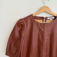 Load image into Gallery viewer, BB Dakota Faux It Up Crew Neck Puff Sleeve Faux Leather Blouse Brown M
