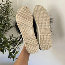 Load image into Gallery viewer, Here/Now Lily Feather Pom Leather Slip On Platform Sneaker Black 8.5
