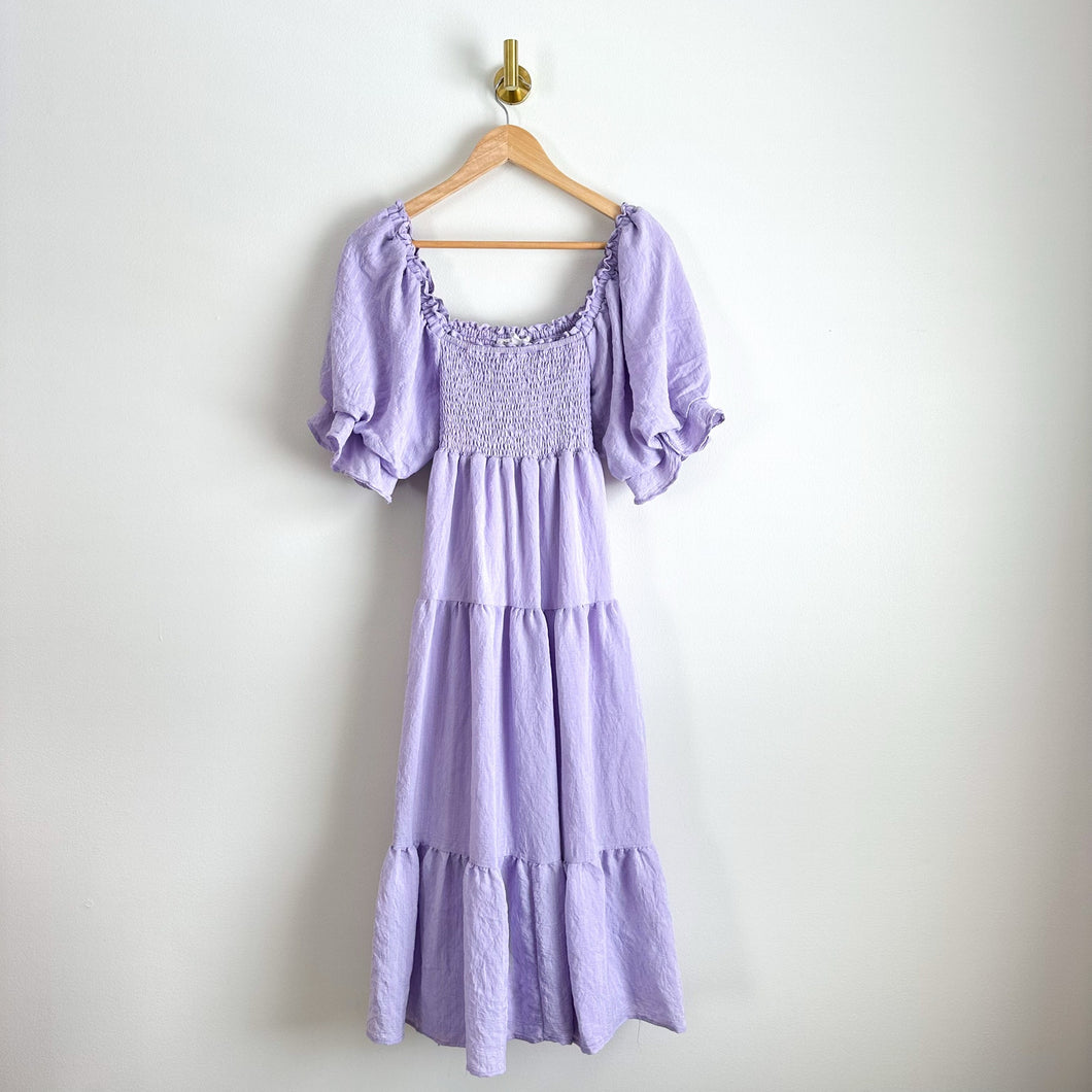 &Merci Tiered Smocked Short Sleeve  Square Neck Midi Dress Purple S