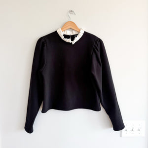 Zara Ruffled Collar Puff Sleeve Sweatshirt Blouse Black White S