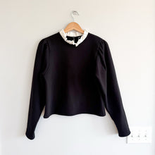 Load image into Gallery viewer, Zara Ruffled Collar Puff Sleeve Sweatshirt Blouse Black White S
