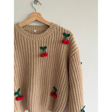 Load image into Gallery viewer, Cherry Embroidered Chunky Knit Crew Neck Pullover Sweater Brown M
