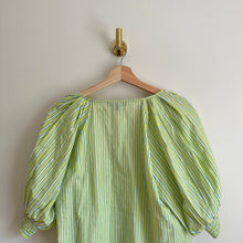 Load image into Gallery viewer, Sanctuary V-Neck Striped Puff 3/4 Sleeve Poplin Blouse Green L
