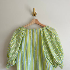 Sanctuary V-Neck Striped Puff 3/4 Sleeve Poplin Blouse Green L