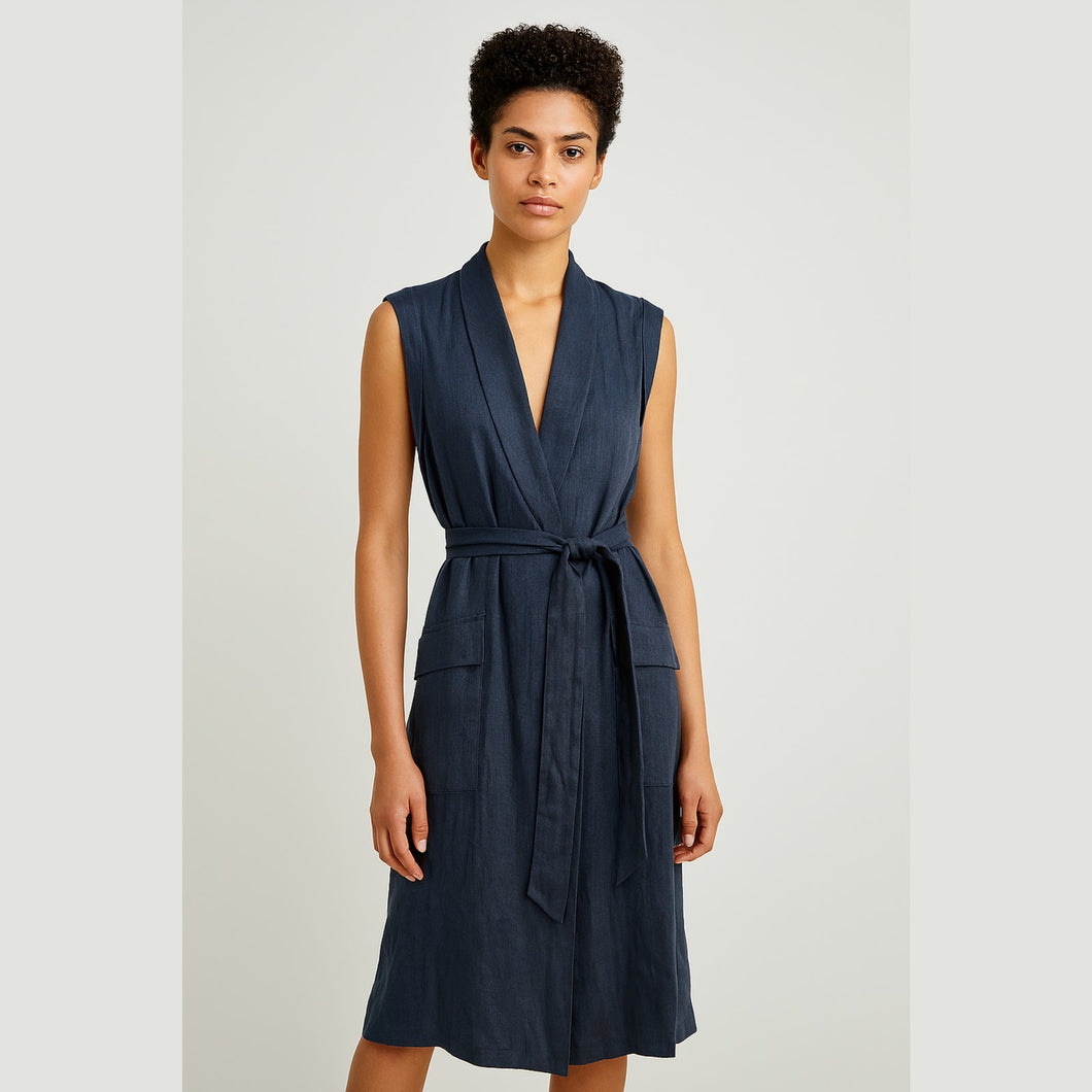 Classiques Entier Linen Blend Sleeveless Wrap Belted Dress Navy 10
