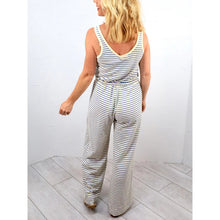 Load image into Gallery viewer, By Together Lounging For Life Striped Pattern Sleeveless Jumpsuit Blue White L
