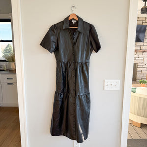 Evereve Elliott Faux Leather Button Front Collared Tiered Midi Dress Black S