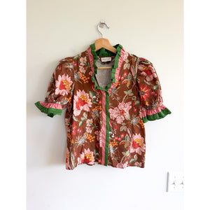 Entro Floral Ruffle Neck Puff Sleeve Blouse Brown Green Multi S