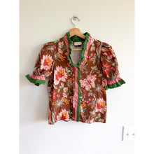 Load image into Gallery viewer, Entro Floral Ruffle Neck Puff Sleeve Blouse Brown Green Multi S
