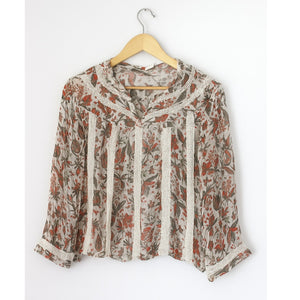Anthropologie Feather Bone Elena Floral Print Lace Sheer Blouse Cream/Red 8