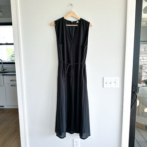 Vince V-Neck Cotton Sleeveless Belted Midi Dress Black Large NWT